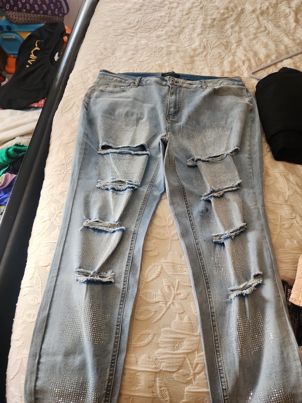 Ashley Stewart Light Blue Distressed Jeans with Rhinestone Trim